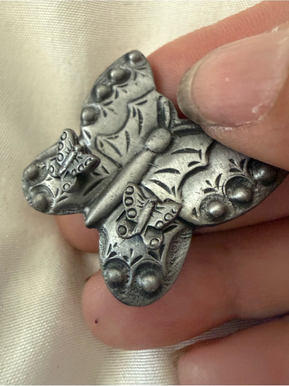 Vintage Pewter Butterfly Brooch & Removable Stud Earrings Set